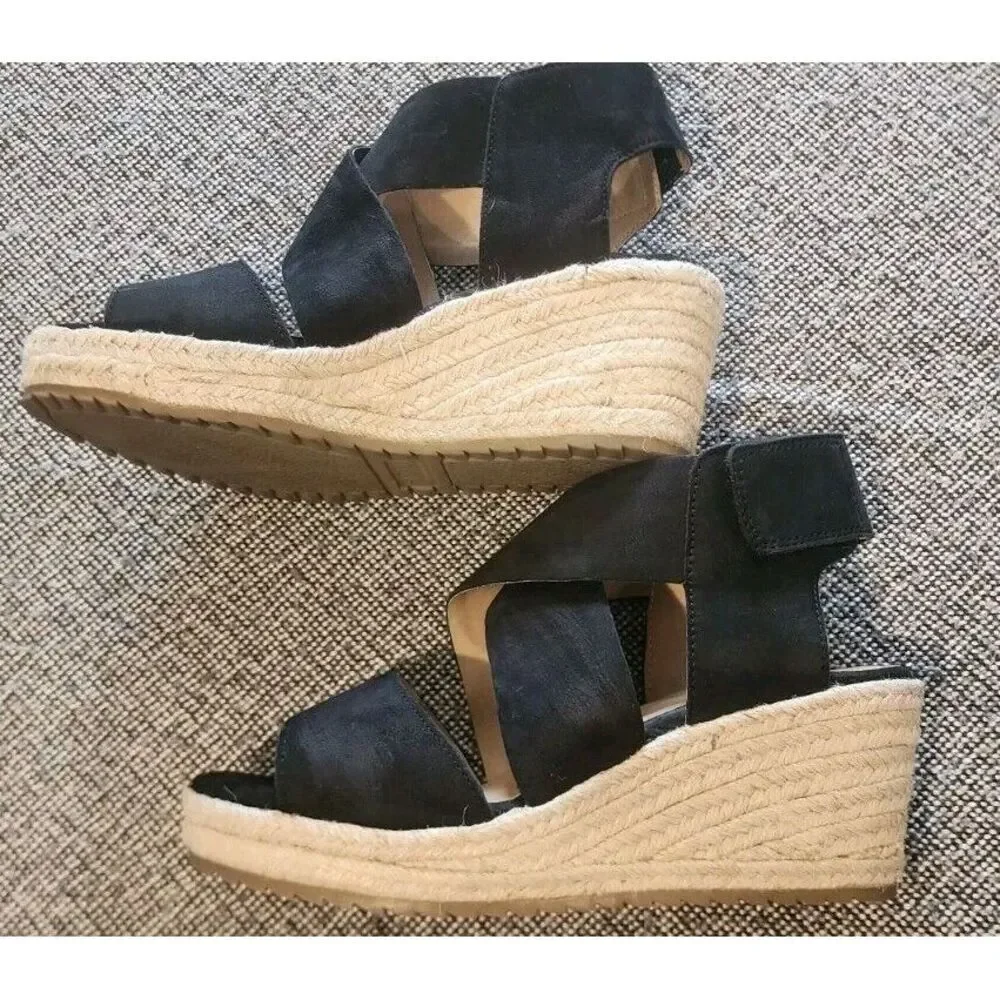 Soul Naturalizer Oshay Wedge Womans Size 8 Black Leather Espadrille Sandal‎